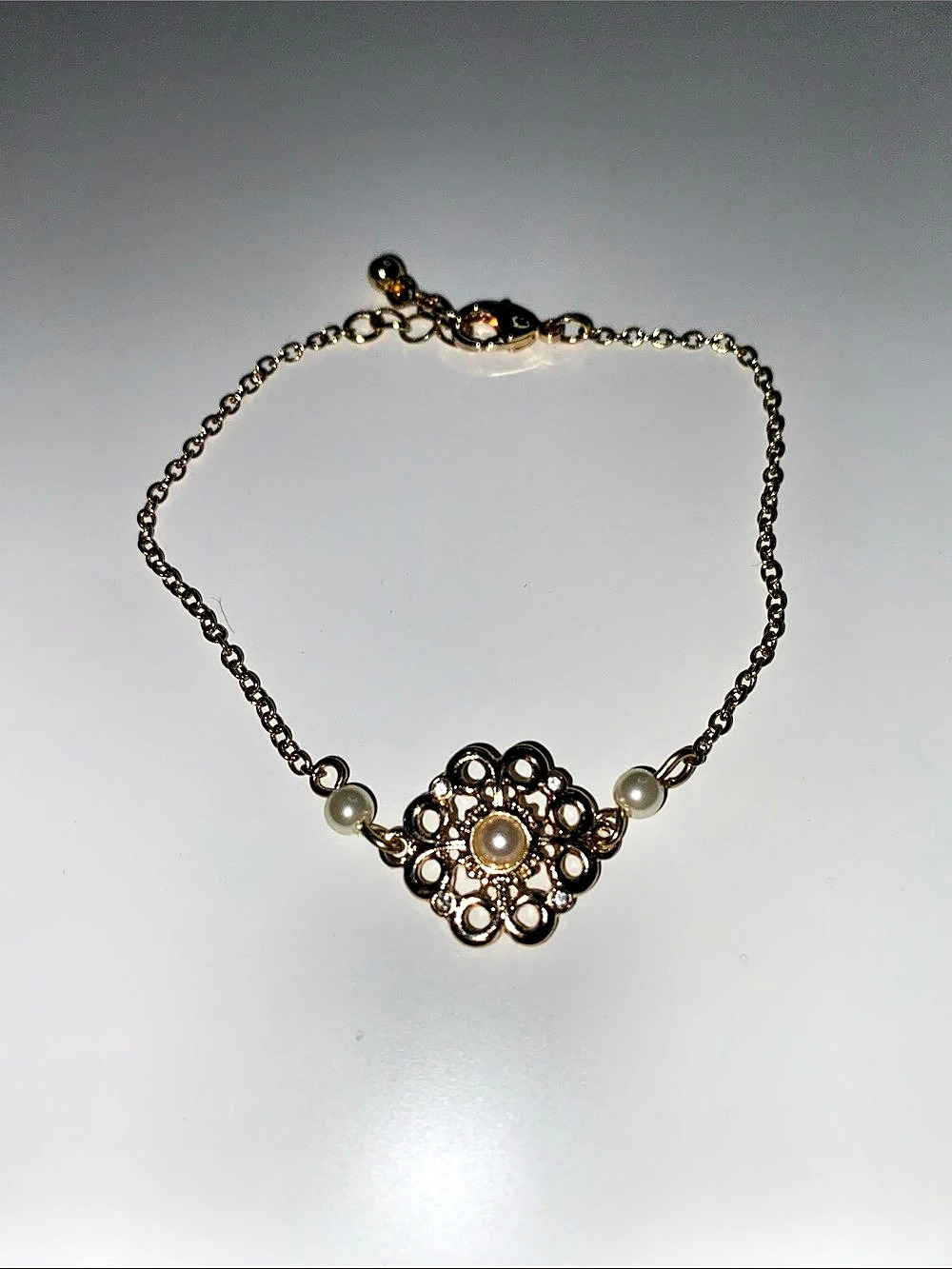 Gold-Tone Floral Pearl Pendant Bracelet